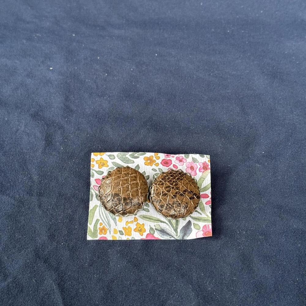 CLIP-ON Vintage Brown Leather Earrings‎ Circular Tortoise